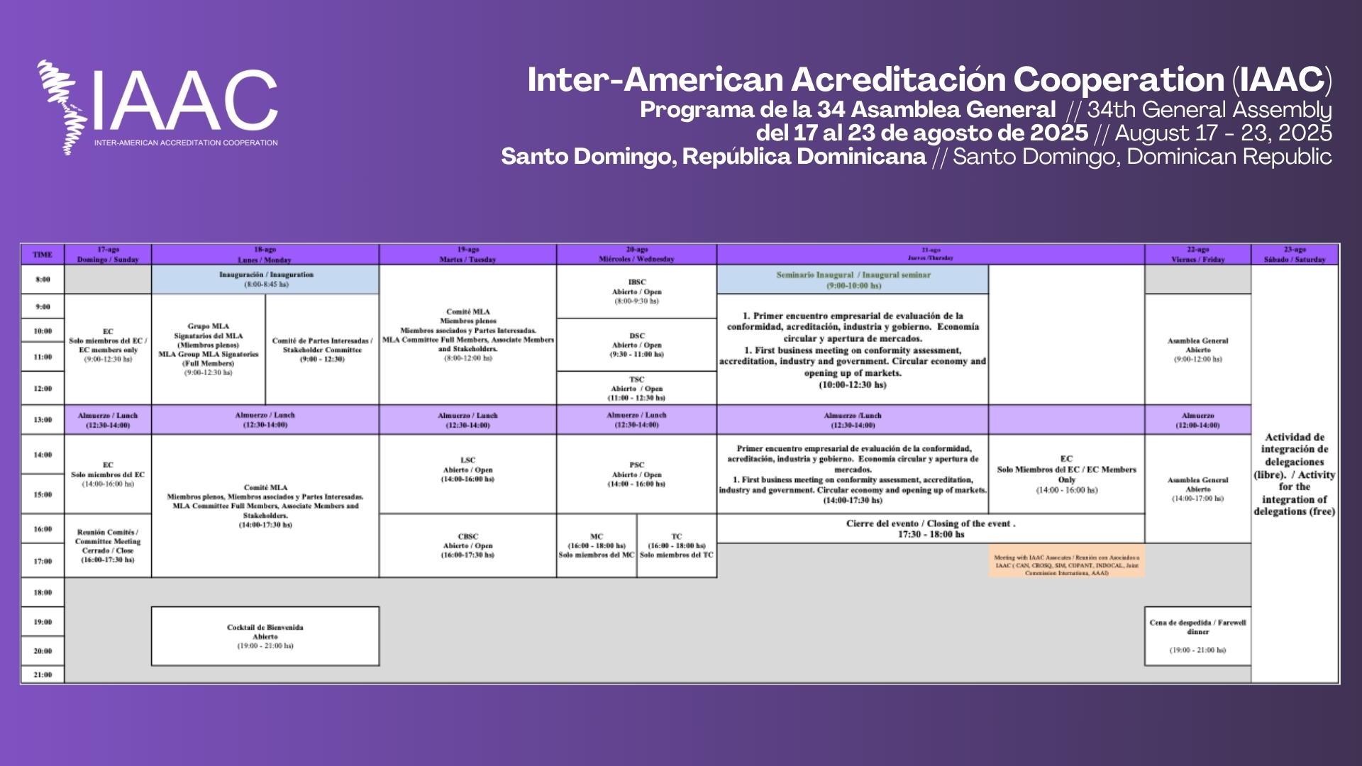 Programa de reuniones de la 34° Asamblea General de IAAC - 2025